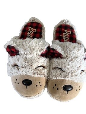 dearfoams Cream Plush Bear Slip-On Slippers with Red Plaid Accents